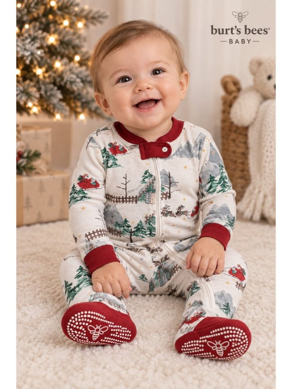Burt's Bees Baby zip-front footed sleeper Santa's sleigh winter landscape print